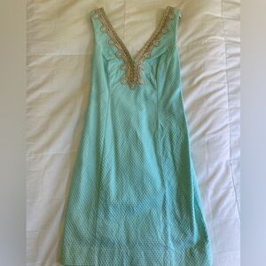Lilly Pulitzer Turquoise Shift Dress | Gold Beaded Trim | Size 00